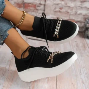 Techshoppy Women'S Plus Size Fly Woven Breathable Upper Chain Wedge Lace-Up Sneakers