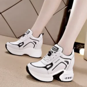 Techshoppy Women Fashion Round Toe Platform Leather Lace Up Sneakers