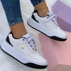 Techshoppy Women'S Fashion Flat Round Toe Plus Size Solid Color Front Lace-Up Sneakers