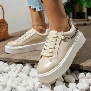 Techshoppy Women'S Fashion Round Toe Chain Lace Up Low Top Solid PU Thick-Soled Sneakers