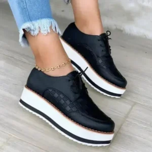 Techshoppy Women'S Fashion Vintage Lace-Up Solid Color Flat Slip-On PU Sneakers Shoes