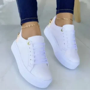 Techshoppy Women Fashion Round Toe Platform Lace Up Solid Color Sneakers