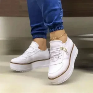 Techshoppy Women Fashion Round Toe Solid Color Pu Hidden Wedge Lace-Up Low Top Sneakers Shoes