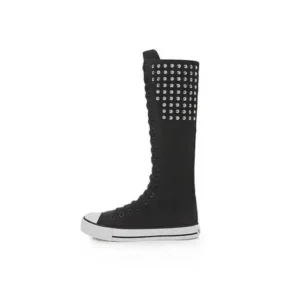 Techshoppy Women Fashion Rivet Decor Side Zipper Canvas High Boots