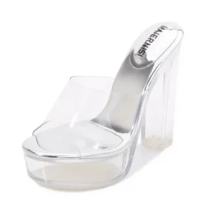 Techshoppy Women Fashion Plus Size Transparent Crystal Chunky Heel Platform High