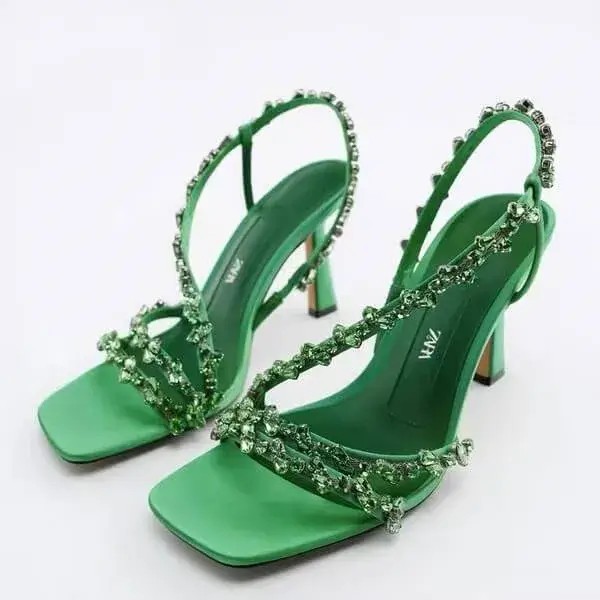 Techshoppy Women Fashion Plus Size Sexy Rhinestone Strap Square Toe Heeled Sandals