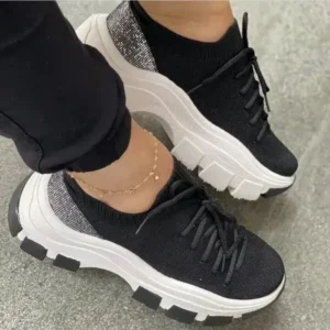 Techshoppy Wedge Heel Flying Woven Colorblock Lace-Up Sneakers Large Size Casual Low Top Women Shoes