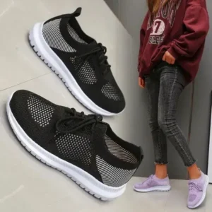 Techshoppy Women Casual Sports Lace-Up Design Mesh Breathable Solid Color Sneakers