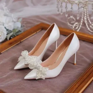 Techshoppy Women Fashion Sexy Pointed Satin Pearl Pointed Toe Shoes