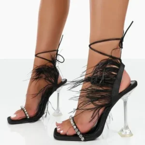 Techshoppy Women Fashion Sexy Rhinestone Feather Decorative Solid Color High Heel Sandals Shoes