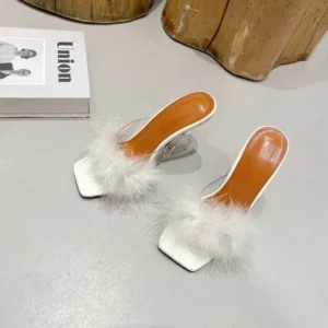 Techshoppy Women Fashion Sexy Feather Decoration Solid Color Chunky High Heel Slippers Shoes