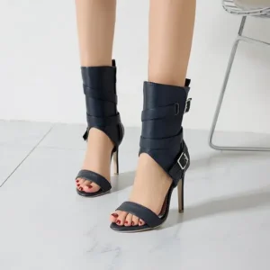 Techshoppy Women Fashion Sexy Solid Color Shoe-Buckle Zipper High-Heeled Sandals