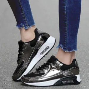 Techshoppy Women Casual Sports Lace Up Design Shiny Air Cushion Platform Sneakers