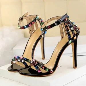 Techshoppy Fashion Women Sexy 11cm High Heels Rivets Studded Sandals Ankle Buckle Strap Stiletto Shoes