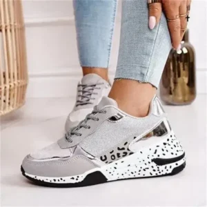 Techshoppy Women Fashion Casual Leopard Print Color Matching Lace-Up Platform Sneakers