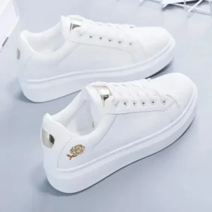 Techshoppy Women Casual Fashion Rose Embroidery Thick-Soled Comfortable PU Leather White Sneakers