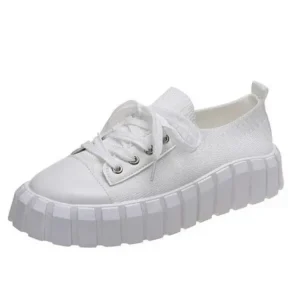 Techshoppy Thick-Soled Fly-Woven Fabric Breathable Women Flat Lace-Up Elastic Sneakers