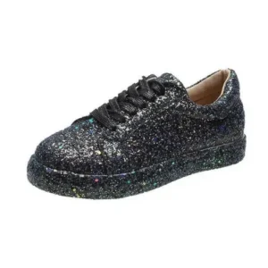 Techshoppy Women Creative Casual Sequined Solid Color Lace-Up Low-Top Flat Sneakers