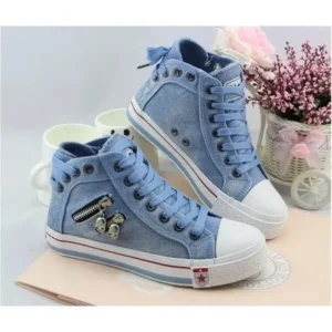 Techshoppy Women Casual Spring Zipper Decor Lace-Up High Top Denim Canvas Sneakers