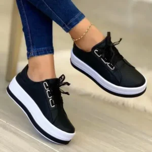 Techshoppy Women Casual Round Toe Lace-Up Block Color Platform Shoes PU Sneakers