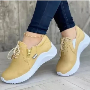 Techshoppy Women Casual Round Toe Low Cut Lace-Up PU Side Zipper Design Solid Color Sneakers