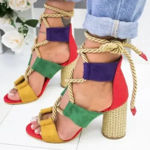 Techshoppy Women Fashion Sexy Cross Hollow Lace Up Design Color Blocking High Heel Sandals Shoes