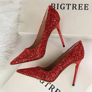 Techshoppy Women Sexy Shining Sequins Decor Pointed-Toe Stiletto Shoes Pumps