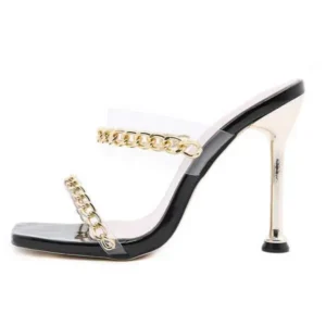 Techshoppy Women Sexy Plus Size Metal Chain Square-Toe High Heel Sandals