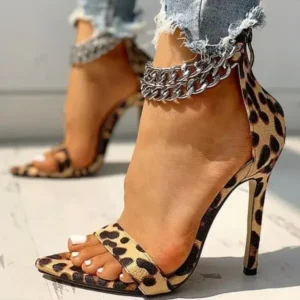 Techshoppy Women Sexy Metal Chain Buckle Ankle Strap Animal Printed High Heels