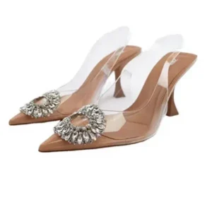 Techshoppy Summer Women Fashion Plus Size Pointed Toe Rhinestone Transparent Heeled Sandals