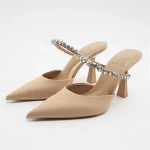 Techshoppy Summer Women Plus Size Fashion Casual Rhinestone Pointed Cover Toe High Heel Slippers