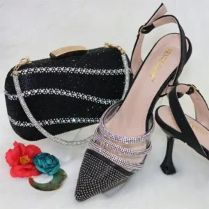 Techshoppy Women Classic Black Pointed Shoes Transparent Pvc Rhinestone Chain Square Hand Bag Set