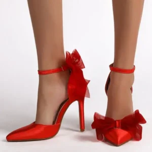 Techshoppy Women Lace Bow Design Pointed Toe Stiletto Party Pumps Shoes