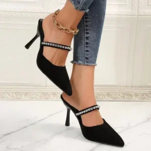 Techshoppy Summer Women Fashion Plus Size Elegant Pointed Toe Strap Rhinestone Stiletto Heel Slippers