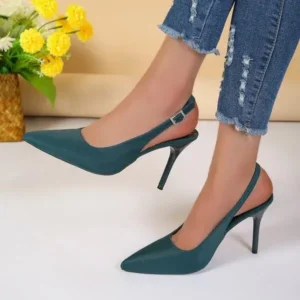 Techshoppy Summer Women Fashion Plus Size Elegant Pointed Toe Strap Buckle Sling Back Stiletto Heel PU Sandals