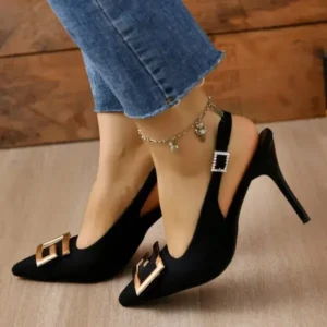 Techshoppy Summer Women Fashion Casual Plus Size Solid Color Pointed Toe Metal Buckle Sling Back High Heel Sandals