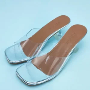 Techshoppy Women Fashion Casual Square Toe Transparent Design Mid Heel Slippers