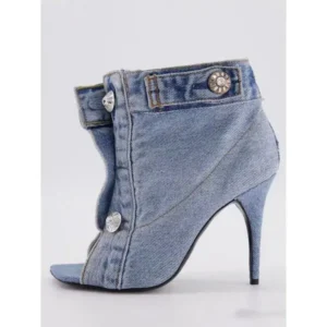 Techshoppy Women Fashion High Heel Denim Button High Top Boots