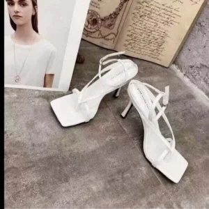 Techshoppy Women Fashion Sexy PU Solid Color Square Toe Stiletto Heel Ankle Strap Buckle Thong Sandals