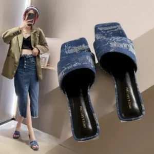 Techshoppy Women Fashion Casual PU Denim Square Toe Chunky Heel Slippers