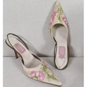 Techshoppy Women Fashion Elegant Floral Printed Pointed Toe Stiletto Heel Sandals