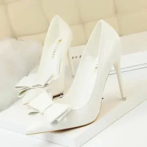 Techshoppy Women Fashion Elegant Solid Color PU Bowknot Pointed Toe Stiletto Heel Pumps