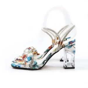 Techshoppy Women Fashion Sexy PU Rhinestone Floral Printed Square Toe Chunky Heel ?Sandals