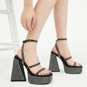 Techshoppy Women Fashion Sexy PU Rhinestone Solid Color Round Toe Platform Chunky Heel Ankle Strap Buckle Sandals6