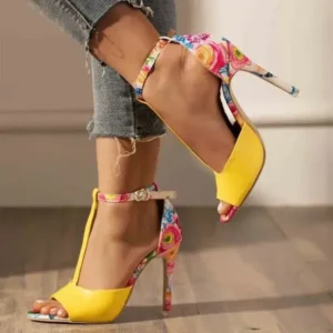 Techshoppy Women Fashion Sexy Floral Printed Peep Toe Stiletto Heel Ankle Strap Buckle Sandals