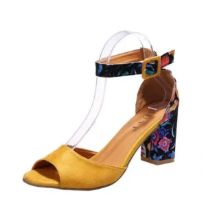 Techshoppy Women Fashion Sexy PU Floral Printed Peep Toe Chunky Heel Ankle Strap Buckle Sandals