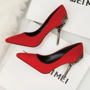 Techshoppy Women Fashion Sexy PU Solid Color Pointed Toe Metal Stiletto Heel Pumps