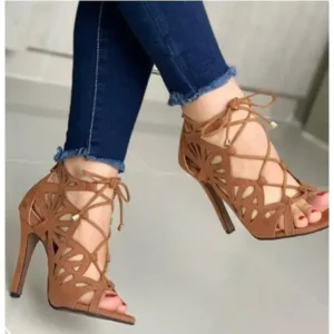 Techshoppy Women Fashion Sexy Solid Color Hollow Peep Toe Stiletto Heel Bandage Sandals