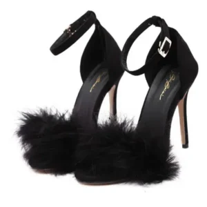 Techshoppy Women Fashion Sexy PU Solid Color Feather Peep Toe Stiletto Heel Ankle Strap Buckle Sandals