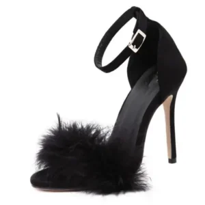 Techshoppy Women Fashion Sexy Solid Color Feather Peep Toe Stiletto Heel Ankle Strap Buckle Sandals